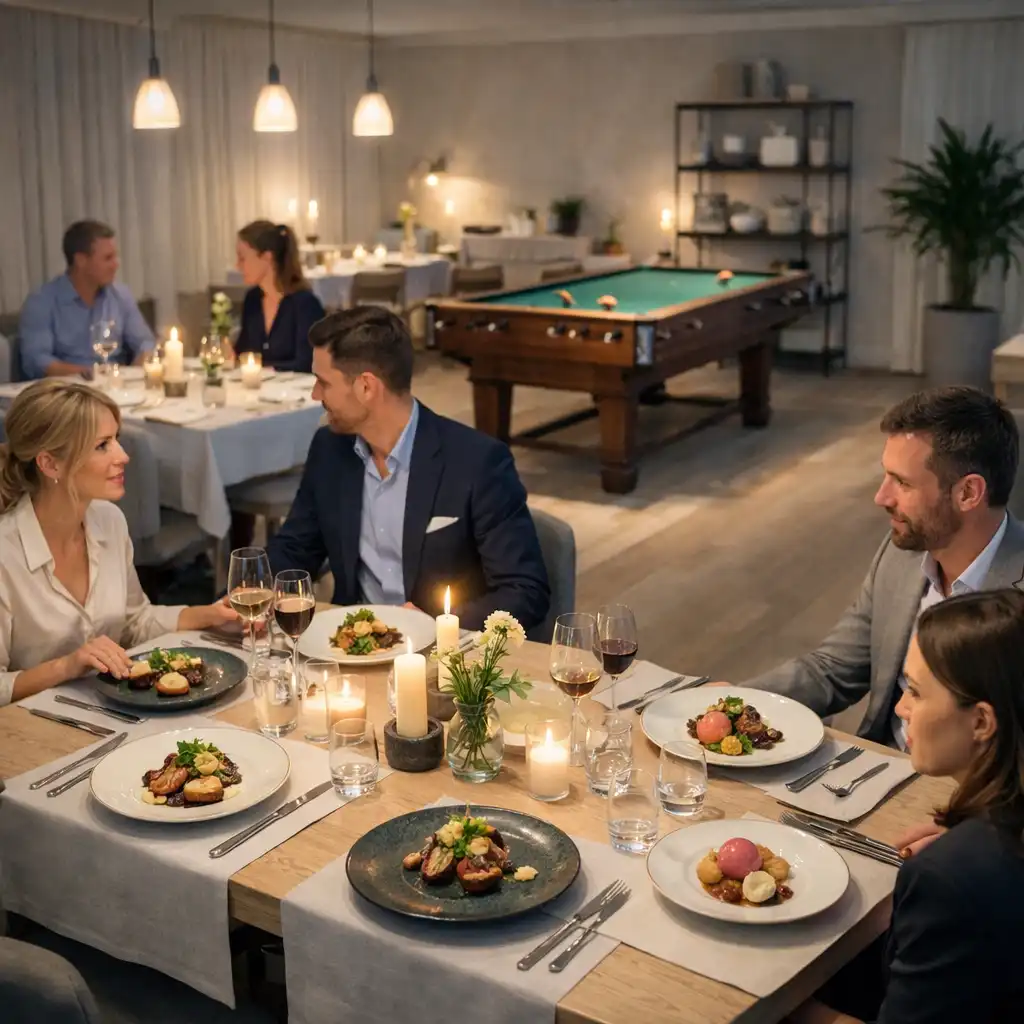 Elegancka kolacja fine dining w jasnym wnętrzu