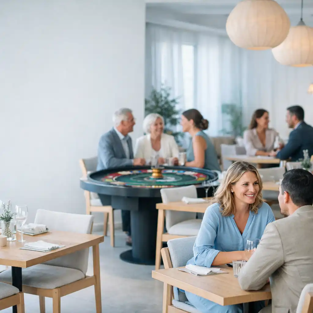 Eleganckie wnętrze restauracji z gośćmi i subtelnym stołem do gry