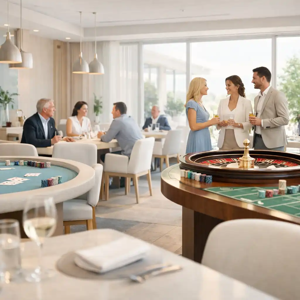 Jasne wnętrze restauracji z eleganckimi stołami i subtelnymi elementami gier